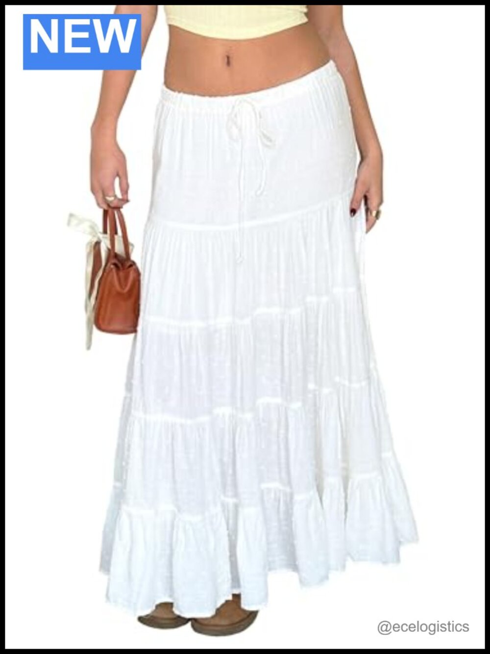 Women's High Rise Pleated Maxi Skirt with Ruffle Hem & Elastic Waist
